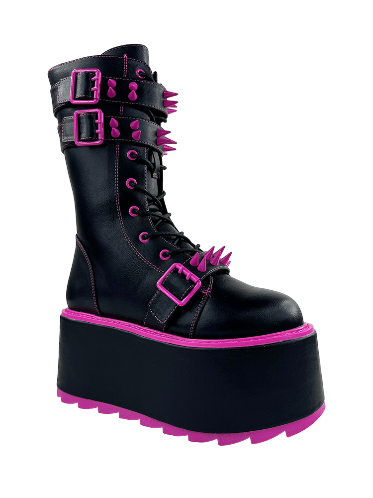 YRU Goth Emo Punk Rave Trance Spiked Rainbow Platform Boots - Black/Fuschia