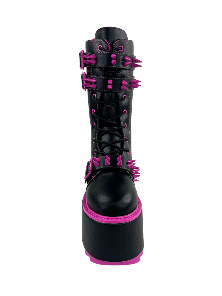 YRU Goth Emo Punk Rave Trance Spiked Rainbow Platform Boots - Black/Fuschia