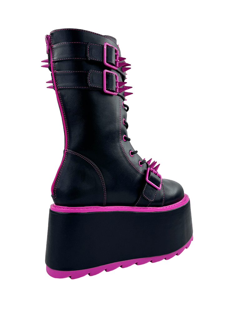 YRU Goth Emo Punk Rave Trance Spiked Rainbow Platform Boots - Black/Fuschia