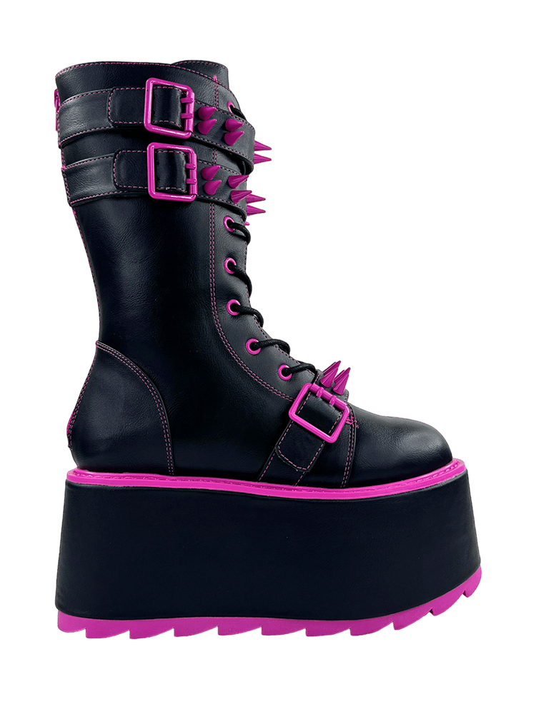 YRU Goth Emo Punk Rave Trance Spiked Rainbow Platform Boots - Black/Fuschia