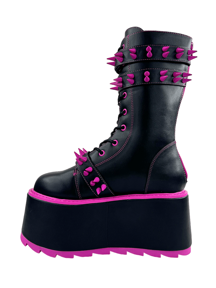 YRU Goth Emo Punk Rave Trance Spiked Rainbow Platform Boots - Black/Fuschia