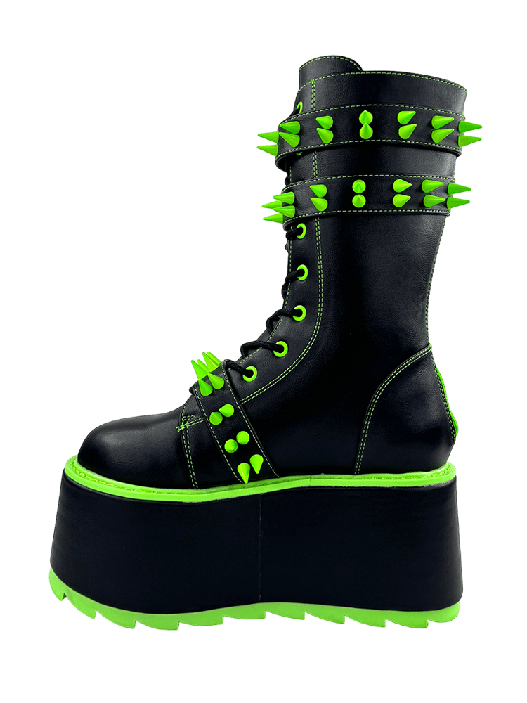 YRU Goth Emo Punk Rave Trance Spiked Rainbow Platform Boots - Black/Green