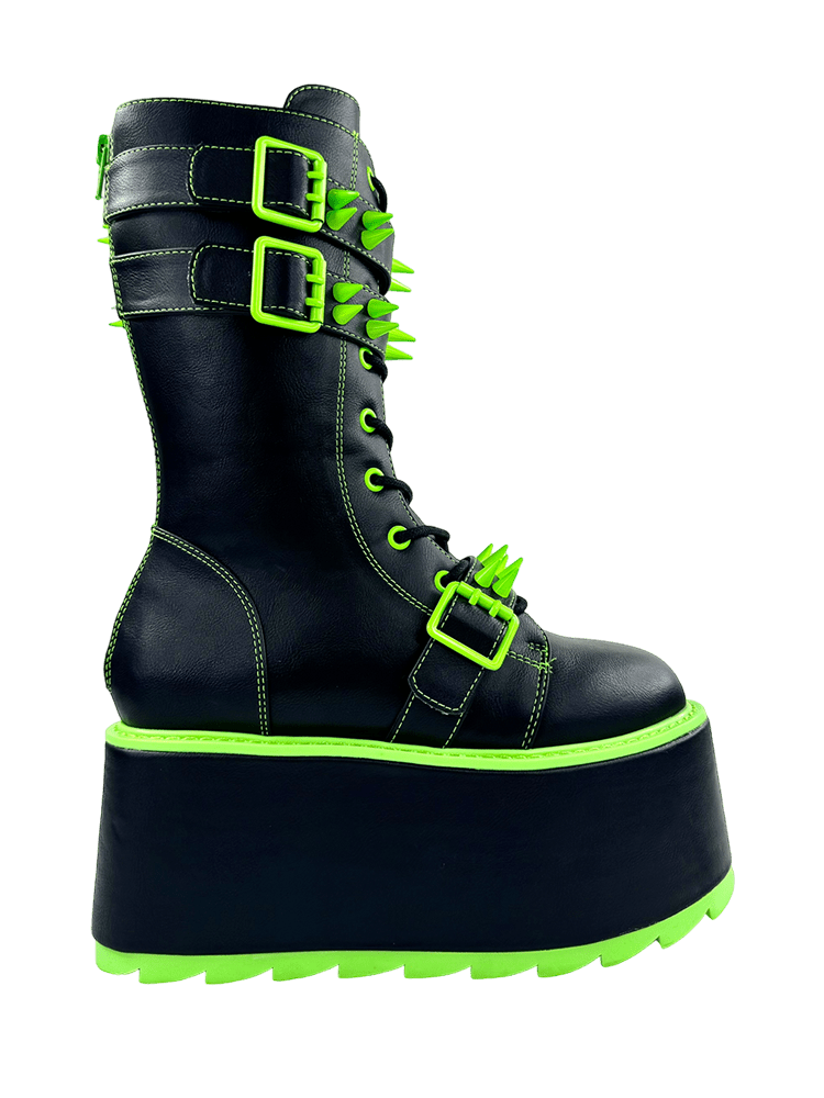 YRU Goth Emo Punk Rave Trance Spiked Rainbow Platform Boots - Black/Green