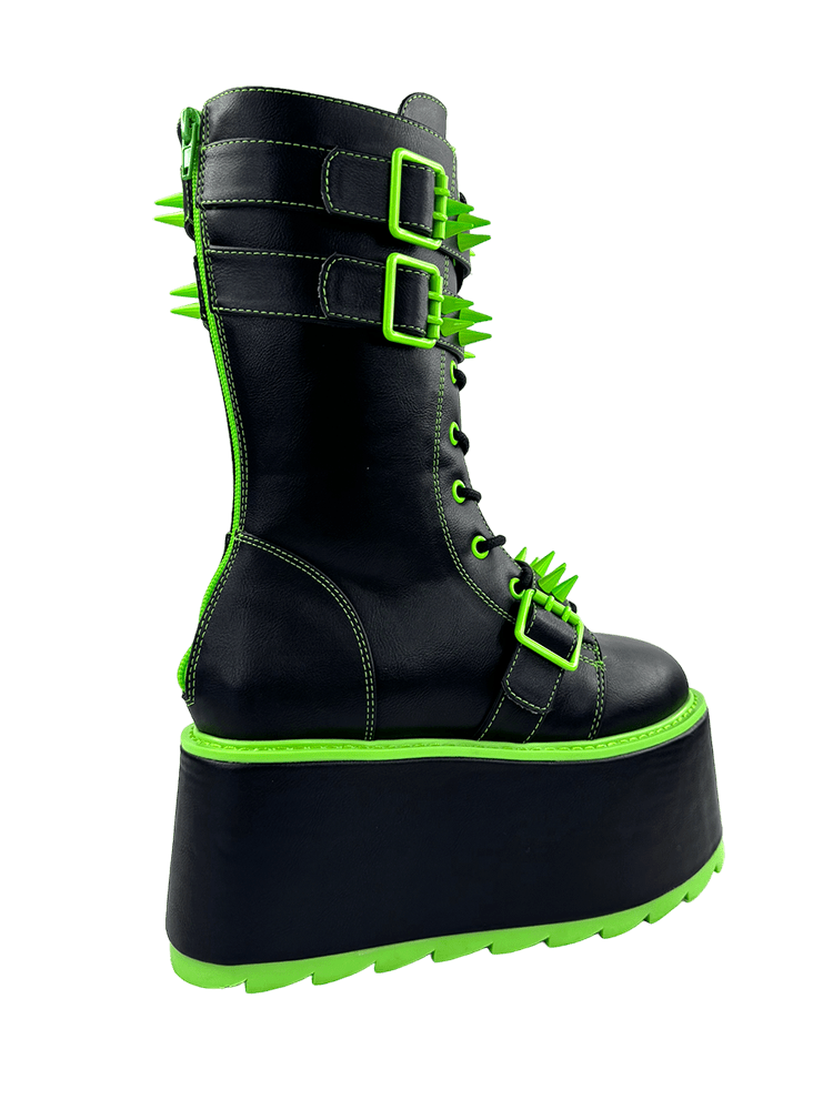 YRU Goth Emo Punk Rave Trance Spiked Rainbow Platform Boots - Black/Green