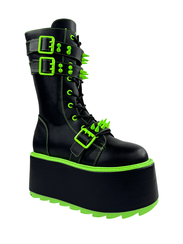 YRU Goth Emo Punk Rave Trance Spiked Rainbow Platform Boots - Black/Green