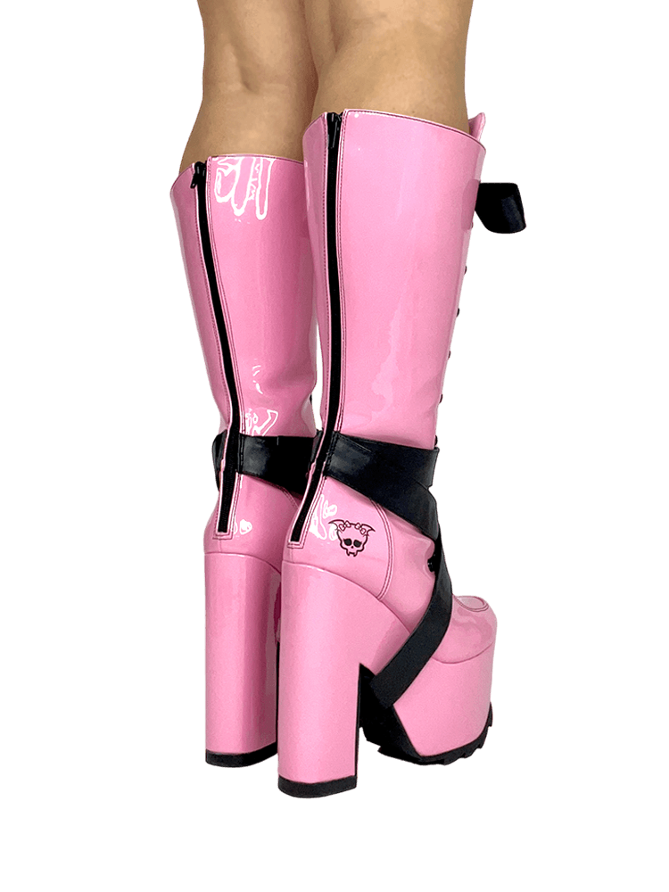 YRU X Monster High Vamp Sweet Lolita Pink Knee High Ribbon Platform Boots - Pink/Black