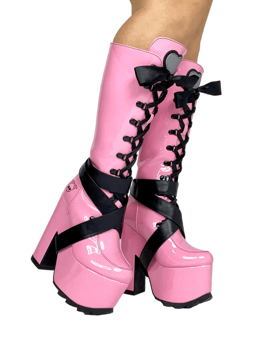 YRU X Monster High Vamp Sweet Lolita Pink Knee High Ribbon Platform Boots - Pink/Black