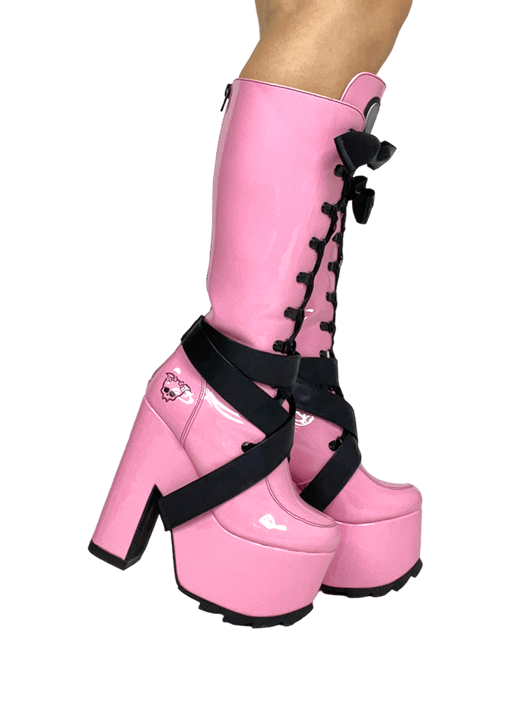 YRU X Monster High Vamp Sweet Lolita Pink Knee High Ribbon Platform Boots - Pink/Black