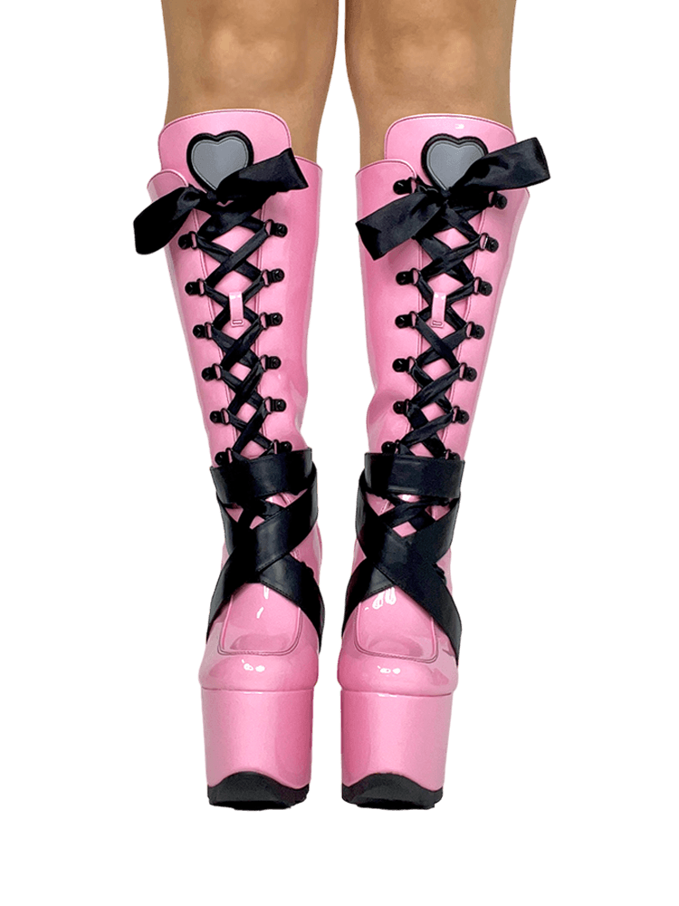 YRU X Monster High Vamp Sweet Lolita Pink Knee High Ribbon Platform Boots - Pink/Black