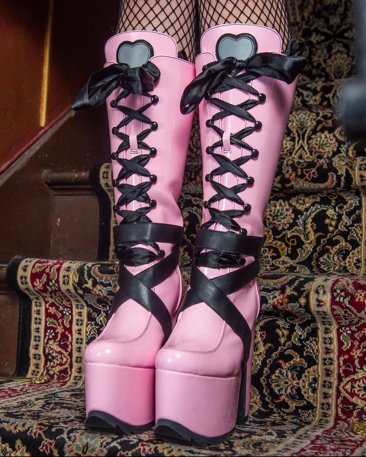 YRU X Monster High Vamp Sweet Lolita Pink Knee High Ribbon Platform Boots - Pink/Black