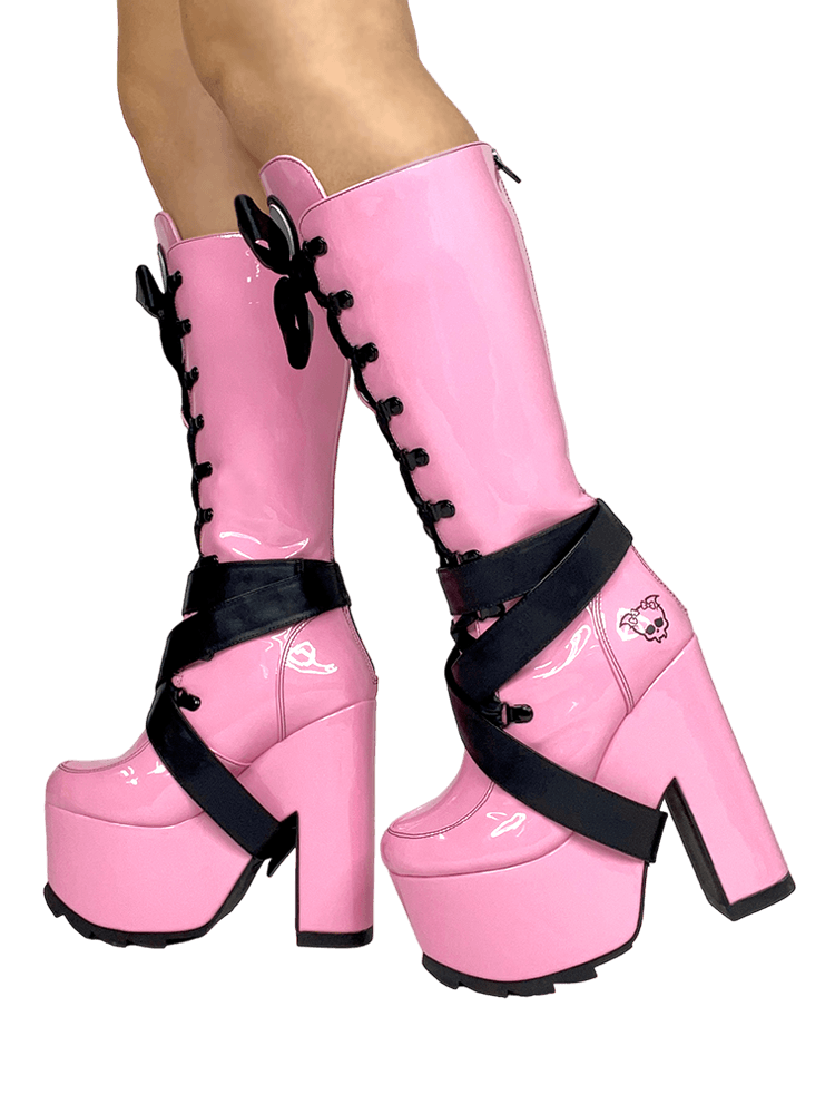 YRU X Monster High Vamp Sweet Lolita Pink Knee High Ribbon Platform Boots - Pink/Black