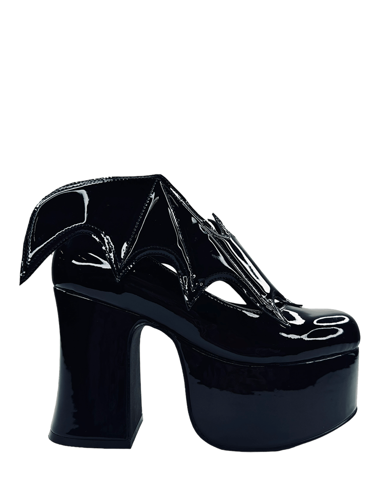 YRU Vegan Patent Letter Vampira Bat Winged Ankle Boots - Black