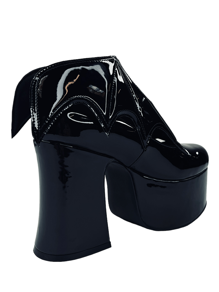 YRU Vegan Patent Letter Vampira Bat Winged Ankle Boots - Black