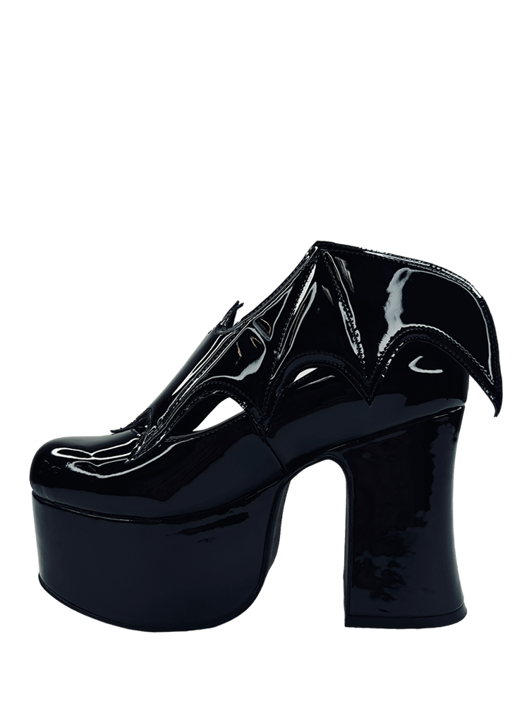 YRU Vegan Patent Letter Vampira Bat Winged Ankle Boots - Black