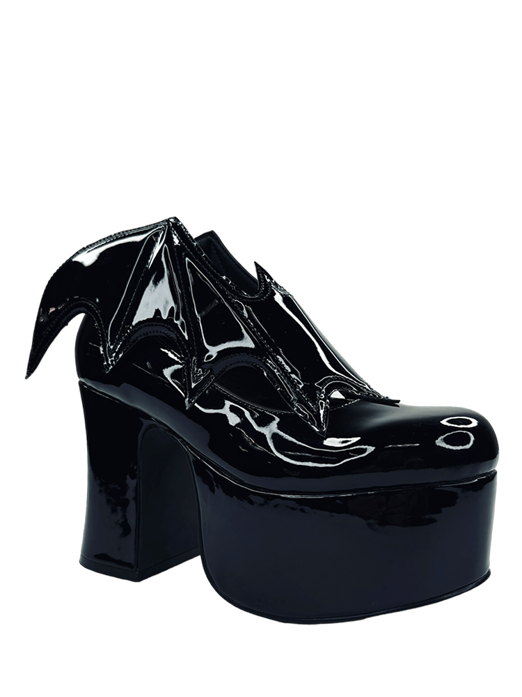 YRU Vegan Patent Letter Vampira Bat Winged Ankle Boots - Black