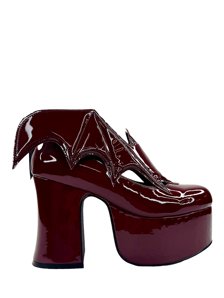 YRU Vegan Patent Letter Vampira Bat Winged Ankle Boots - Oxblood