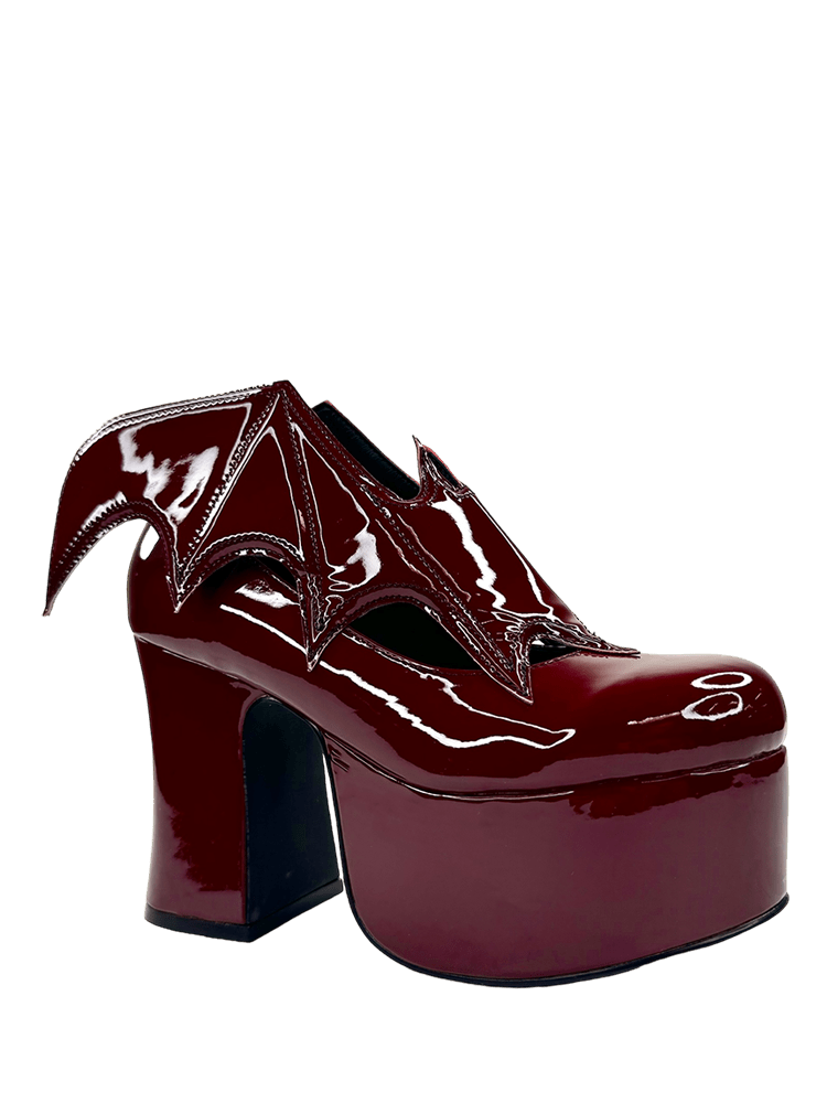 YRU Vegan Patent Letter Vampira Bat Winged Ankle Boots - Oxblood