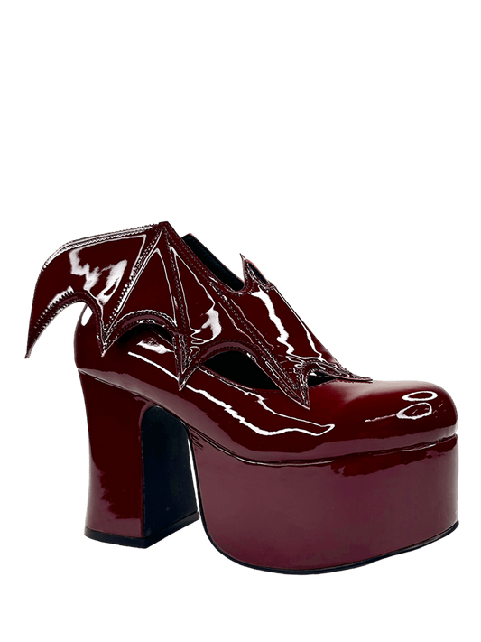 YRU Vegan Patent Letter Vampira Bat Winged Ankle Boots - Oxblood