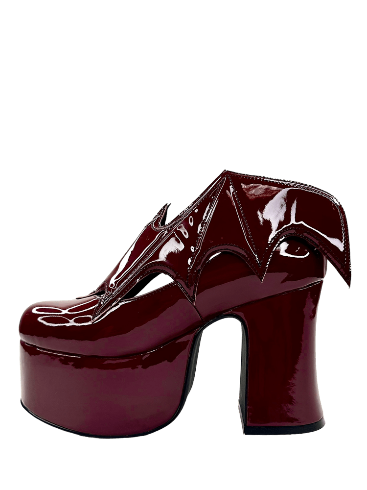 YRU Vegan Patent Letter Vampira Bat Winged Ankle Boots - Oxblood