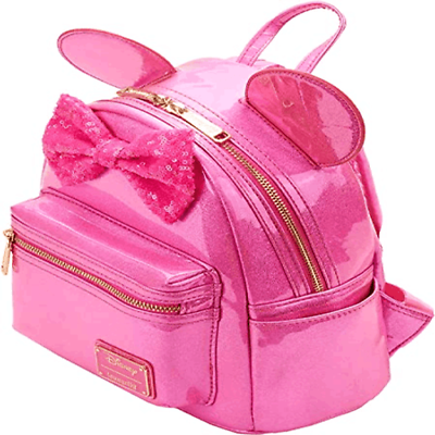 Loungefly Disney Minnie Mouse Hot Pink Holographic + Sequin Bow Mini Backpack